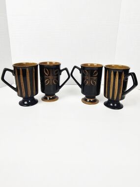Vtg Ceramic Mugs~Japan MCM Retro 70s~Abstract Carved Brown~Footed~Set of 4